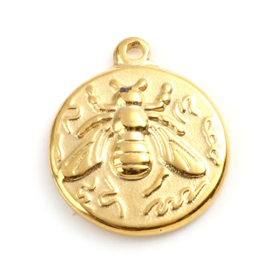 Immagine di 201 Acciaio Inossidabile Insetto Charms Tondo Oro Placcato Ape 18mm x 15mm, 1 Pz
