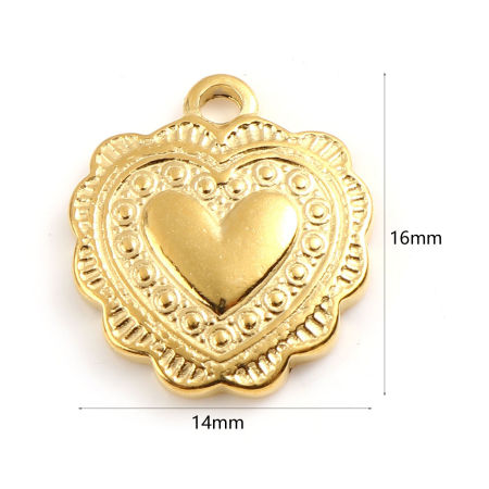 Picture of 201 Stainless Steel Valentine's Day Charms Gold Plated Heart 16mm x 14mm, 1 Piece