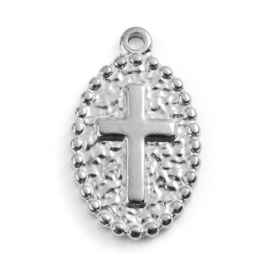 Изображение 201 Нержавеющая Сталь религия Подвески Овальные Серебряный Тон Крест 23мм x 14мм, 1 ШТ