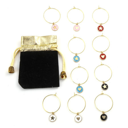Zinc Based Alloy Wine Glass Charms Round Star Mixed Color With Cloth Bag 4.5cm x 3cm, 1 Set (Approx 10 PCs/Set)