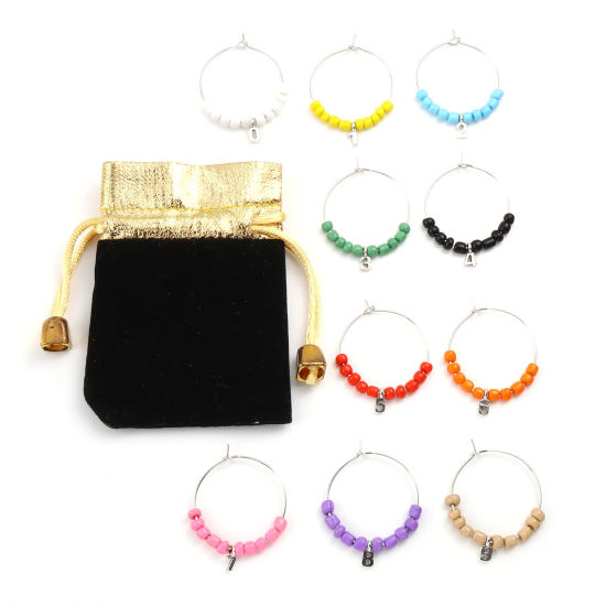 Picture of Zinc Based Alloy Wine Glass Charms Circle Ring Number Silver Tone Mixed Color With Cloth Bag 4cm x 3cm, 1 Set (Approx 10 PCs/Set)