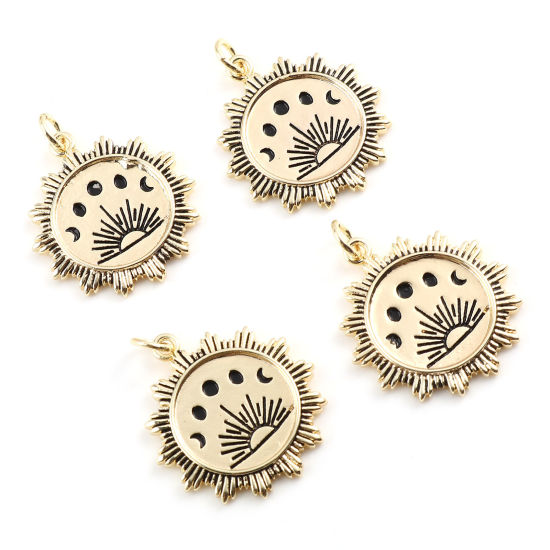 Изображение Латунь галактика Подвески Лунное Затмение 18K настоящее золото с покрытием Черный Солнце С Эмалью 27мм x 21мм, 1 ШТ