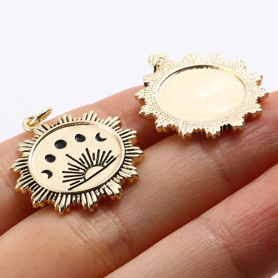 Изображение Латунь галактика Подвески Лунное Затмение 18K настоящее золото с покрытием Черный Солнце С Эмалью 27мм x 21мм, 1 ШТ