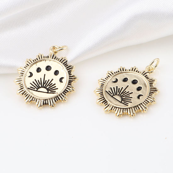 Изображение Латунь галактика Подвески Лунное Затмение 18K настоящее золото с покрытием Черный Солнце С Эмалью 27мм x 21мм, 1 ШТ