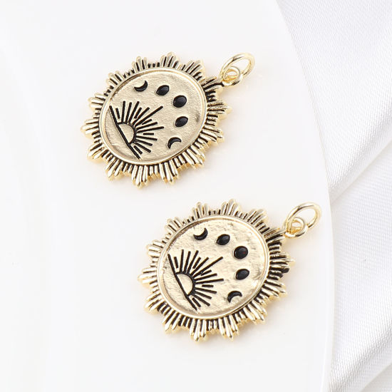 Изображение Латунь галактика Подвески Лунное Затмение 18K настоящее золото с покрытием Черный Солнце С Эмалью 27мм x 21мм, 1 ШТ