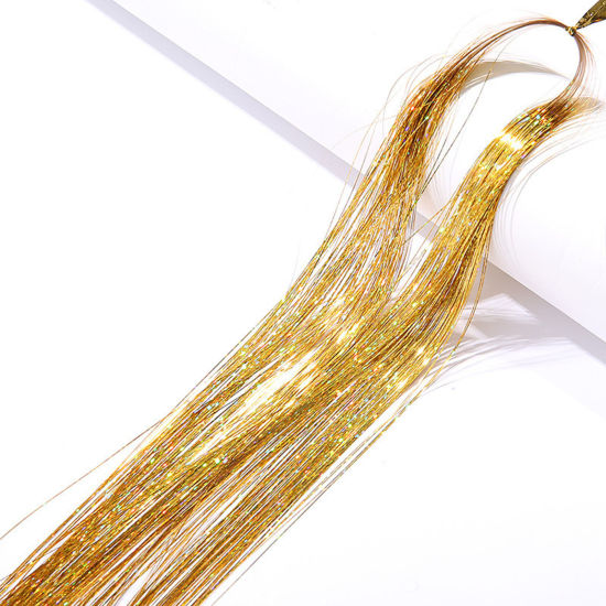 Picture of Plastic Silk Thread Hair Accessories Findings Golden Glitter 90cm, 1 Packet(120Pcs/Packet)
