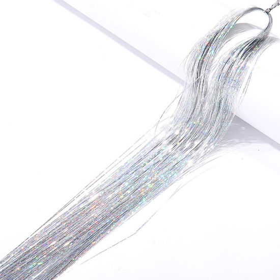 Picture of Plastic Silk Thread Hair Accessories Findings Silver Color Glitter 90cm, 1 Packet(120Pcs/Packet)