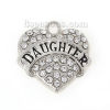 Bild von Zinklegierung Charm Anhänger Herz Silberfarbe Message " Daughter " Transparent Strass 20mm x 19mm, 2 Stücke