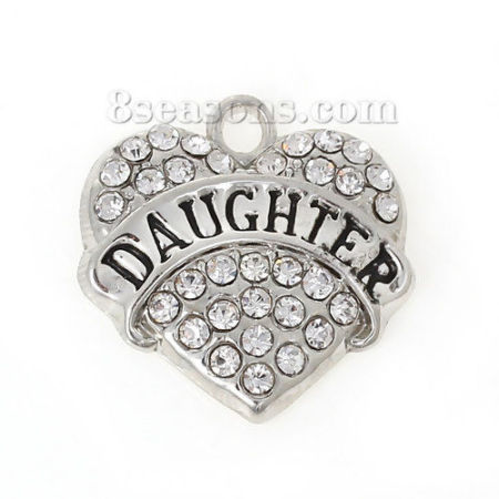 Immagine di Lega di Zinco Charm Ciondoli Cuore Tono Argento Lettere Scolpito " Daughter " Trasparente Strass 20mm x 19mm , 2 Pz