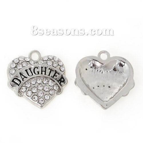 Picture of Zinc Based Alloy Charms Pendants Heart Silver Tone Message " DAUGHTER " Carved Clear Rhinestone 20mm( 6/8") x 19mm( 6/8"), 2 PCs