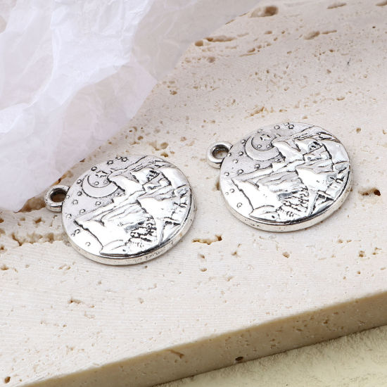 Immagine di Lega di Zinco Galassia Charms Tondo Argento Antico Luna 24mm x 20mm , 10 Pz