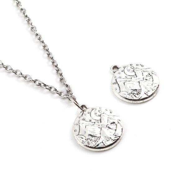 Immagine di Lega di Zinco Galassia Charms Tondo Argento Antico Luna 24mm x 20mm , 10 Pz