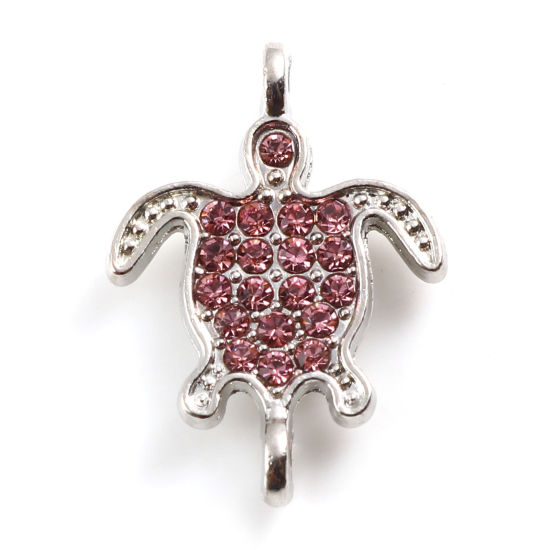 Bild von Zinklegierung Ozean Schmuck Verbinder Schildkröte Silberfarbe Micro Pave, Rosa Strass 21mm x 15mm, 5 Stück