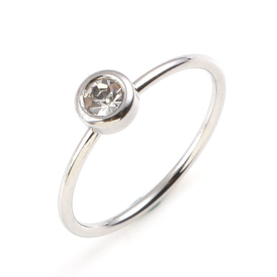 Image de Bagues en Acier Inoxydable Pierres de Naissance Non Ajustable Argent Mat Annulaire avril à Strass Transparent 16.5mm (Taille d'US 6) , 1 Pièce