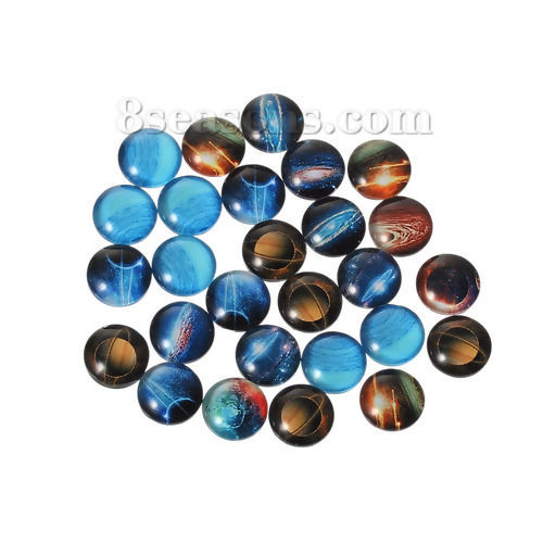 Picture of Glass Dome Seals Cabochon Round Flatback At Random Mixed Galaxy Universe Pattern Transparent 10mm( 3/8") Dia, 10 PCs