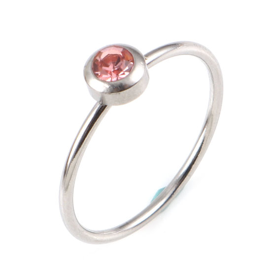 Image de Bagues en Acier Inoxydable Pierres de Naissance Non Ajustable Argent Mat Annulaire octobre à Strass Rose Clair 16.5mm (Taille d'US 6) , 1 Pièce