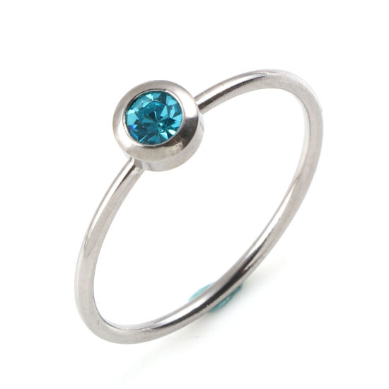 Image de Bagues en Acier Inoxydable Pierres de Naissance Non Ajustable Argent Mat Annulaire mars à Strass Bleu Clair 16.5mm (Taille d'US 6) , 1 Pièce