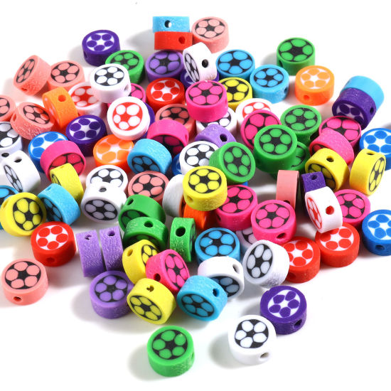 Bild von Polymer Ton Sport Perlen Rund Zufällig Mix, mit Fußball Muster, 10mm D., Loch: 2.8mm, 100 Stück