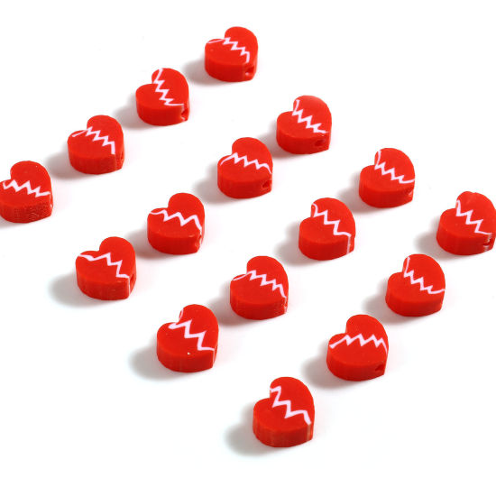 Image de Perles La Saint Valentin en Pâte Polymère Cœur Blanc & Rouge Motifs ligne 9mm x 8mm, Taille de Trou: 2.2mm, 100 Pcs