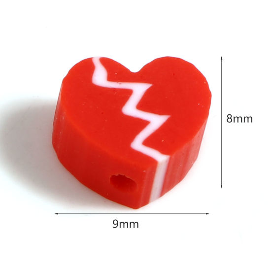 Image de Perles La Saint Valentin en Pâte Polymère Cœur Blanc & Rouge Motifs ligne 9mm x 8mm, Taille de Trou: 2.2mm, 100 Pcs