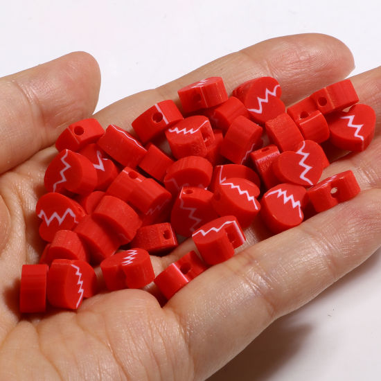 Image de Perles La Saint Valentin en Pâte Polymère Cœur Blanc & Rouge Motifs ligne 9mm x 8mm, Taille de Trou: 2.2mm, 100 Pcs