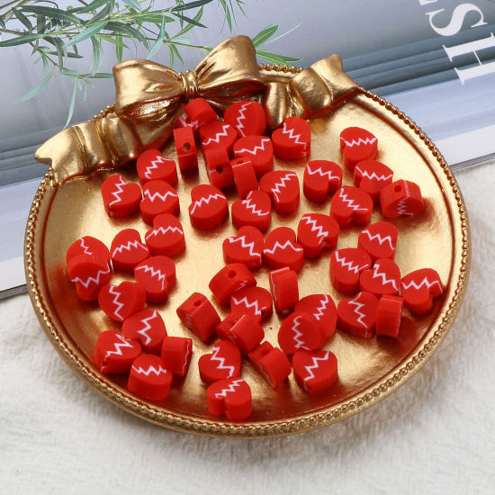 Image de Perles La Saint Valentin en Pâte Polymère Cœur Blanc & Rouge Motifs ligne 9mm x 8mm, Taille de Trou: 2.2mm, 100 Pcs