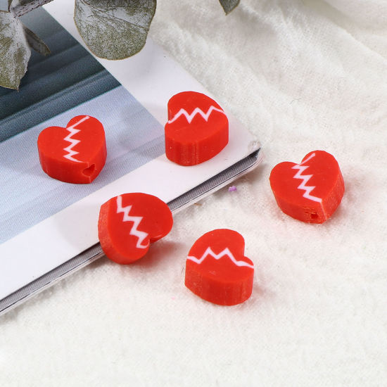 Image de Perles La Saint Valentin en Pâte Polymère Cœur Blanc & Rouge Motifs ligne 9mm x 8mm, Taille de Trou: 2.2mm, 100 Pcs