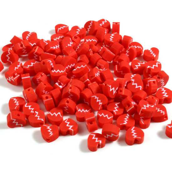 Image de Perles La Saint Valentin en Pâte Polymère Cœur Blanc & Rouge Motifs ligne 9mm x 8mm, Taille de Trou: 2.2mm, 100 Pcs