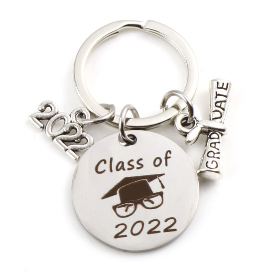 Picture of Stainless Steel Year College Jewelry Keychain & Keyring Diploma Silver Tone Trencher Cap 2022 Message " Class of 2022 " 5.1cm, 1 Piece