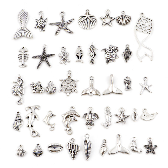 Bild von Zinklegierung Ozean Schmuck Anhänger Antiksilber 50mm x 17mm - 11mm x 9mm, 1 Packung ( 40 Stück/Packung)