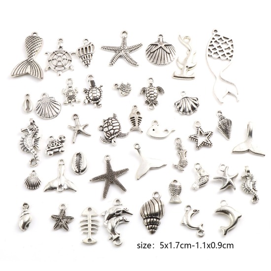 Bild von Zinklegierung Ozean Schmuck Anhänger Antiksilber 50mm x 17mm - 11mm x 9mm, 1 Packung ( 40 Stück/Packung)