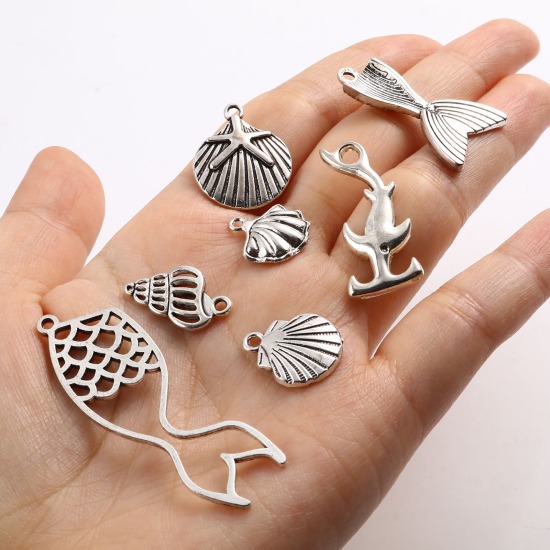 Bild von Zinklegierung Ozean Schmuck Anhänger Antiksilber 50mm x 17mm - 11mm x 9mm, 1 Packung ( 40 Stück/Packung)
