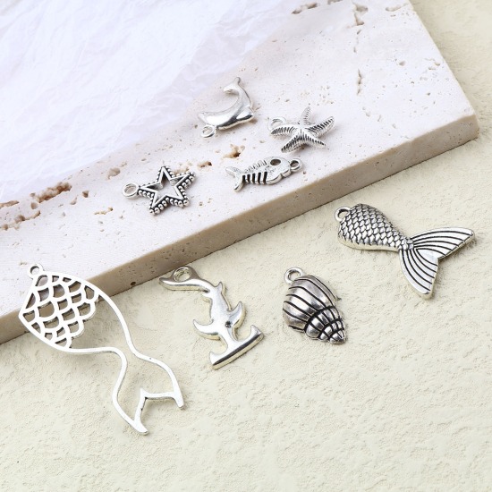 Bild von Zinklegierung Ozean Schmuck Anhänger Antiksilber 50mm x 17mm - 11mm x 9mm, 1 Packung ( 40 Stück/Packung)