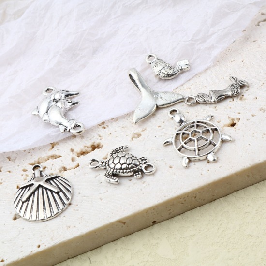 Bild von Zinklegierung Ozean Schmuck Anhänger Antiksilber 50mm x 17mm - 11mm x 9mm, 1 Packung ( 40 Stück/Packung)