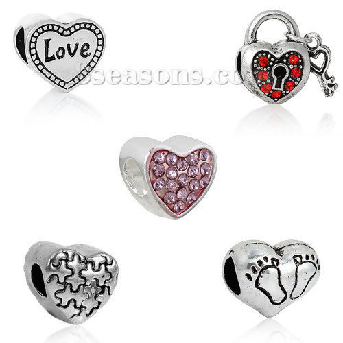 Изображение Цинковый Сплав В Стиле Пандора Бусины Сердце, Античное Серебро Смешанный 5 стилей 15mm x11mm( 5/8" x 3/8") - 11mm x10mm( 3/8" x 3/8"), Отверстие ：около 4.5мм-5мм, 1 Комплект