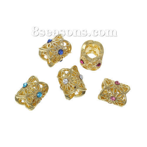 Picture of Zinc Based Alloy European Style Large Hole Charm Beads Cylinder Gold Plated Flower Carved Hollow At Random Mixed Rhinestone About 11mm x 11mm, Hole: Approx 6mm, 5 PCs