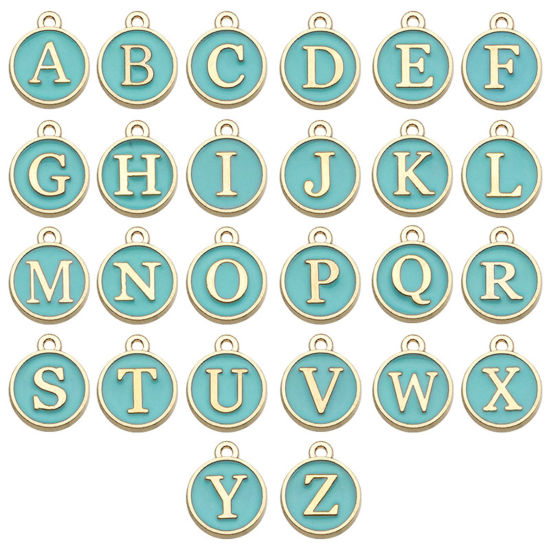 Picture of Zinc Based Alloy Bracelet Charms Round Green Initial Alphabet/ Capital Letter Enamel 12mm Dia., 1 Set ( 26 PCs/Set)