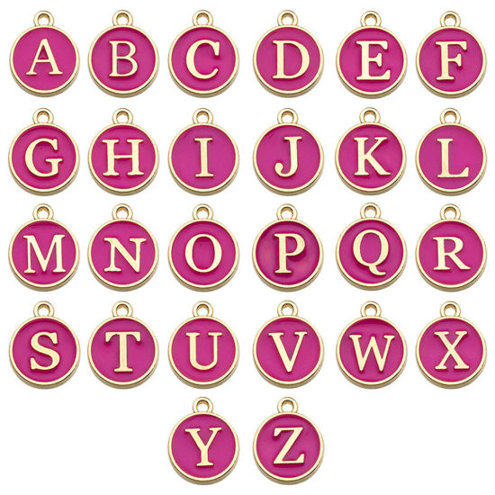 Picture of Zinc Based Alloy Bracelet Charms Round Fuchsia Initial Alphabet/ Capital Letter Enamel 12mm Dia., 1 Set ( 26 PCs/Set)