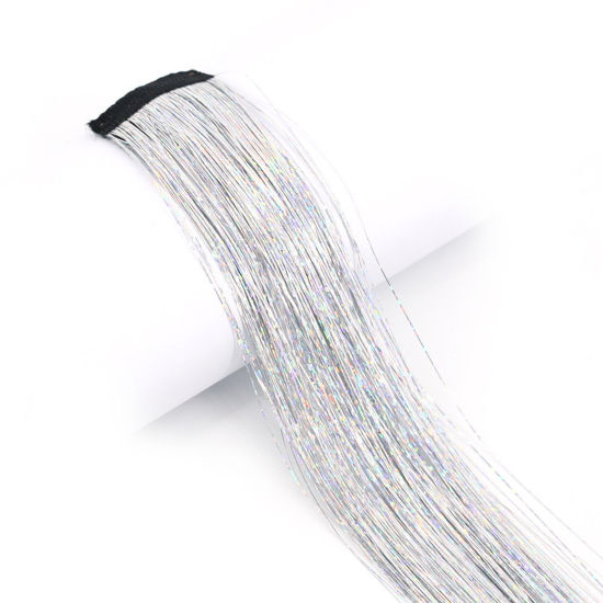 Picture of Plastic Hairpieces Wig Clip In Hair Extentions Hair Tinsel With Tool Sparkling Dazzle Glitter Silver Color 50cm, 1 Piece