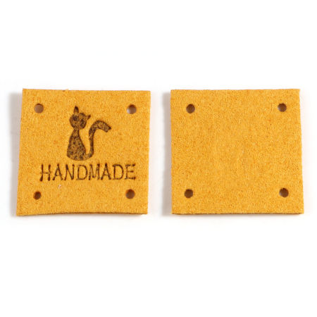 Изображение микрофибры Ярлык Квадратные Желтый имбирь Кошкаобразец " Handmade " замша 25мм x 25мм , 20 ШТ