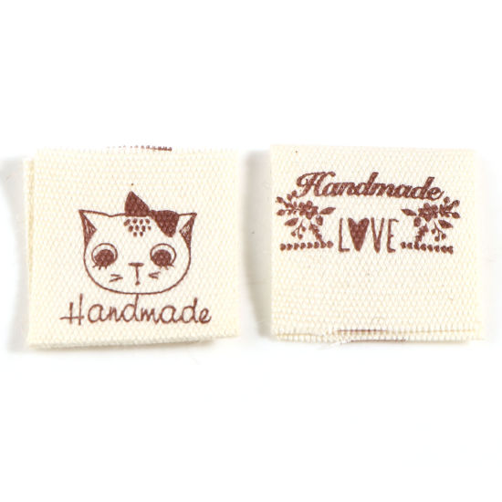 Image de Étiquettes en Polyester Rectangle Pliable Jaune Clair Chats " Hand Made With Love " 40mm x 20mm, 100 Pcs