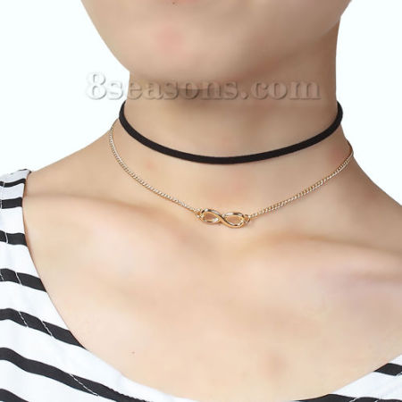 Black Velvet Faux Suede Choker Necklace Link Curb Chain Gold Plated Infinity Symbol Pendant 34.5cm(13 5/8") long, 1 Piece