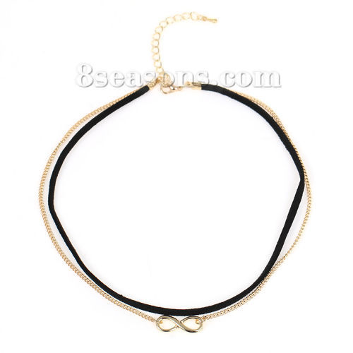 Immagine di Moda Nuova Velluto Collana Catena Singolare Oro Placcato Nero Simbolo di Infinito Scamosciato lunghezza: 34.5cm, 1 Pz