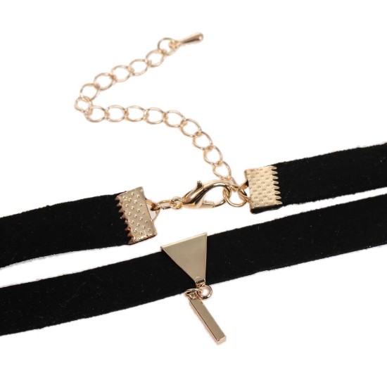 Picture of Black Velvet Faux Suede Choker Necklace Gold Plated Rectangle Pendant 34cm(13 3/8") long, 1 Piece