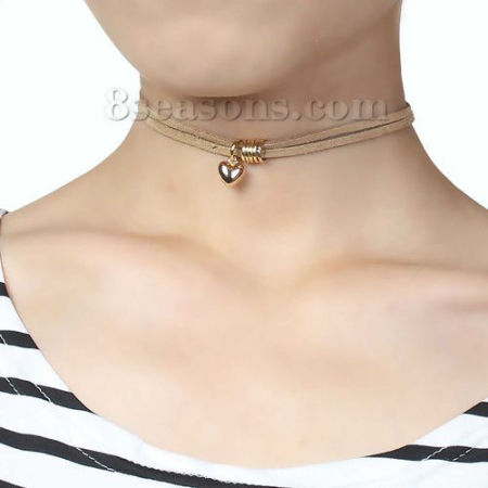 Khaki Velvet Faux Suede Choker Necklace Gold Plated Heart 34cm(13 3/8") long, 1 Piece