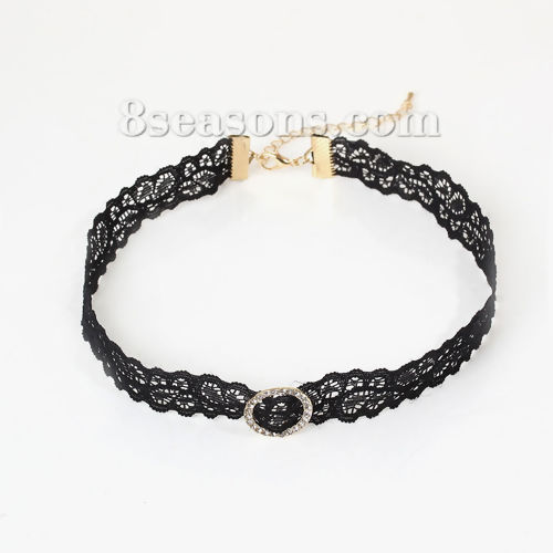 Picture of Black Lace Choker Necklace Gold Plated Circle Ring Clear Rhinestone 37cm(14 5/8") long, 1 Piece