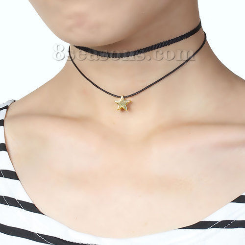 Picture of New Fashion Black Terylene Choker Necklace Gold Plated Star Pendant 34cm(13 3/8") long, 1 Piece