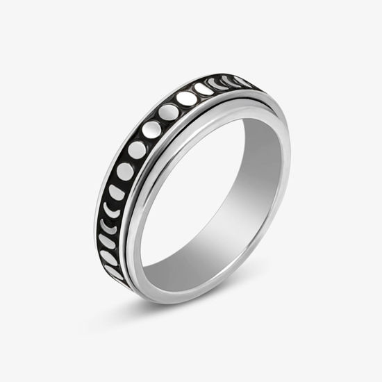 Picture of Stainless Steel Unadjustable Spinner Rings Fidget Ring Stress Relieving Anxiety Ring Silver Tone Black Rotatable Half Moon Enamel 20.6mm(US Size 11), 1 Piece