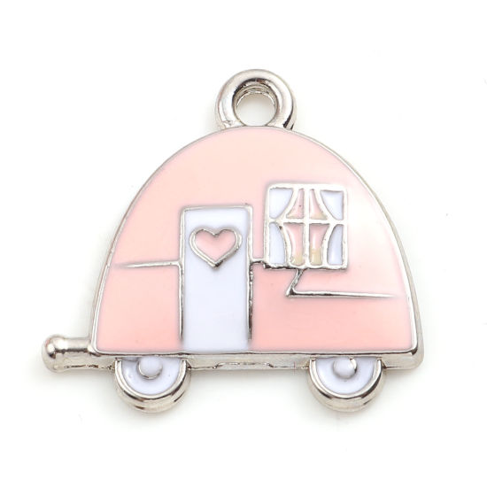 Immagine di Lega di Zinco Trasporto Charms Macchina Tono Argento Rosa Smalto 20mm x 19mm , 5 Pz