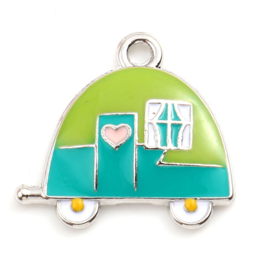 Immagine di Lega di Zinco Trasporto Charms Macchina Tono Argento Verde Smalto 20mm x 19mm , 5 Pz